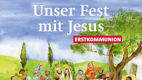 Jesus verwandelt Wasser zu Wein auf der Hochzeit zu Kanaa; Mottoplakat zur Erstkommunionaktion 2027