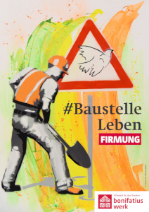 Bauarbeiter mit Schaufel vor Baustellenschild mit Taube, bunte Hintergrundfarben.